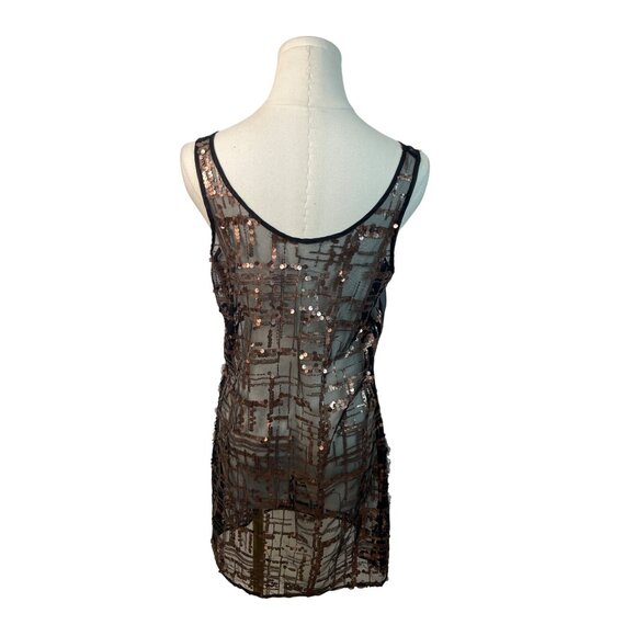 Black Sheer Sleeveless Dress With Bronze Sequin Geometric Pattern - Picture 3 of 6